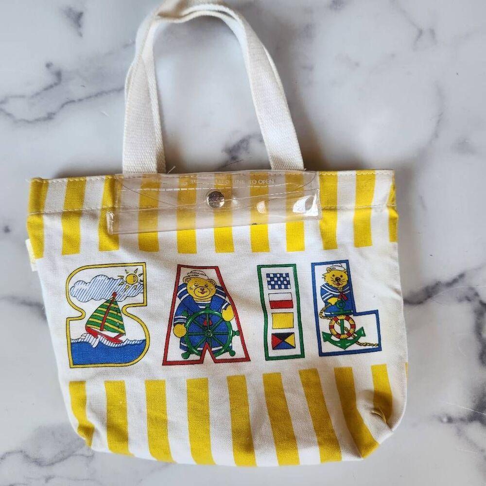 Sail yellow ceam striped tote bag vintage kids unisex beach sailor nautical tedd